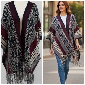 Timing Aztec Fringe Open Front Western Cape  Poncho w/ chocolate brown belt Sz L
